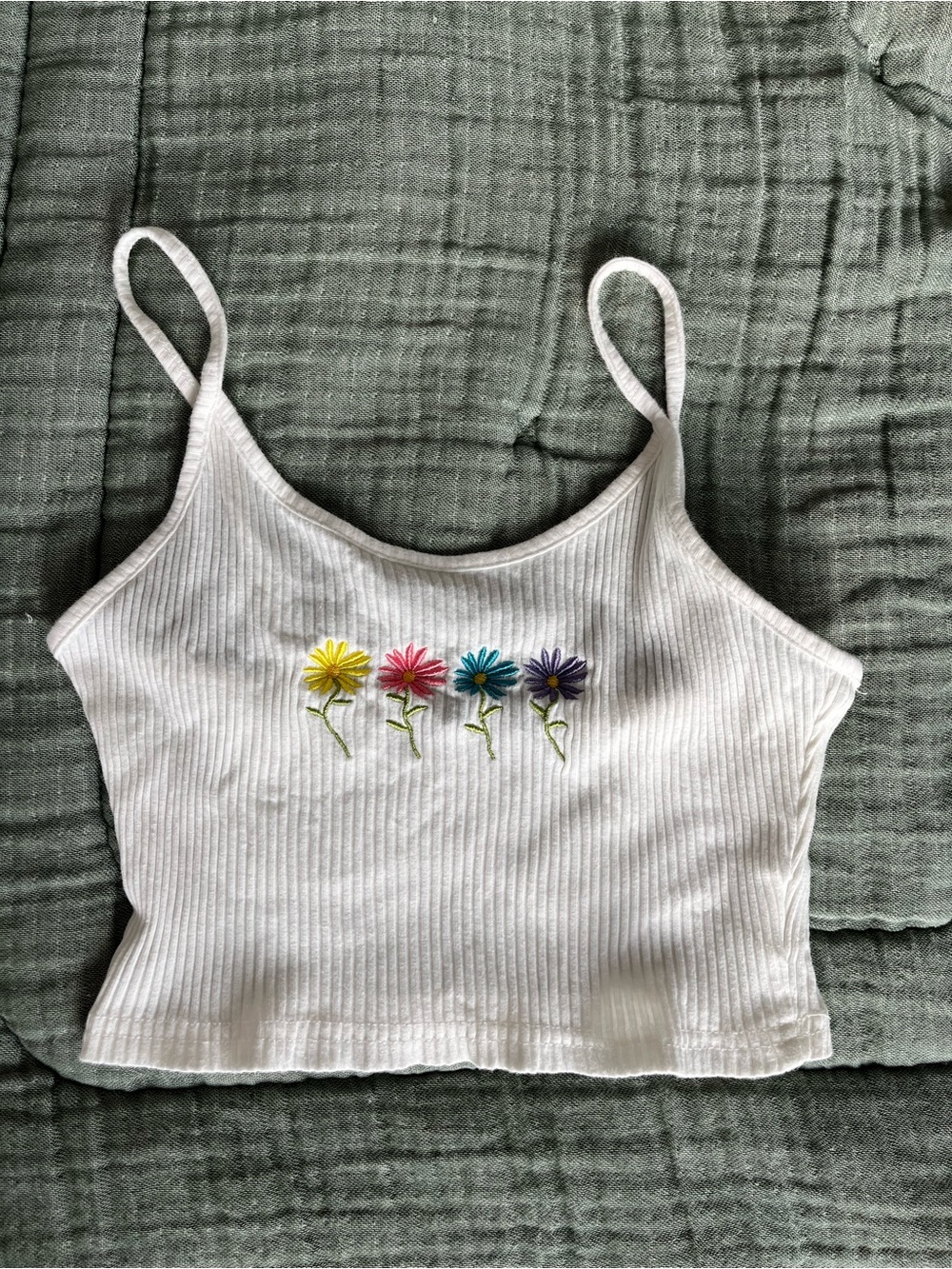 White Ribbed Cropped Cami with Rainbow Daisy Embroidery